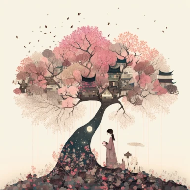 in the style of Ryo Takemasa, xuan loc xuan, Lisa Audit, Anastasia Suvorova, Jon Klassen, greg tocchini, single lady under sakura tree at night, fantasy, limpid, magical, mysterious, white background, vector, clipart, elaborate, ultra-detailed, best quality illustration, vibrant colors, high definition, UHD
