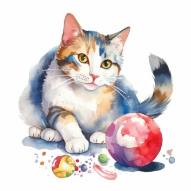 Playful watercolor clipart of a cute cat with a toy ball, capturing the playful and fun side of pets, with vibrant colors and soft details, perfect for a t-shirt design, delightful and charming, high-quality illustration, hand-painted with love, a great addition to any project.