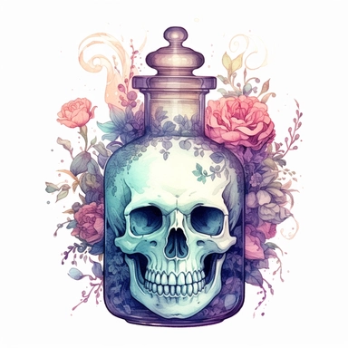 death vial, clipart, intense white and deep pastel colors, dnd, watercolor, no background, isolated on a white background, self contained, well defined edges, by amy sol and magali villeneuve and susan bourdet and ross tran, spaced out, glowy, intricate, 8k