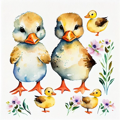 Ducky Ducks Art, Watercolor Clipart, white background,