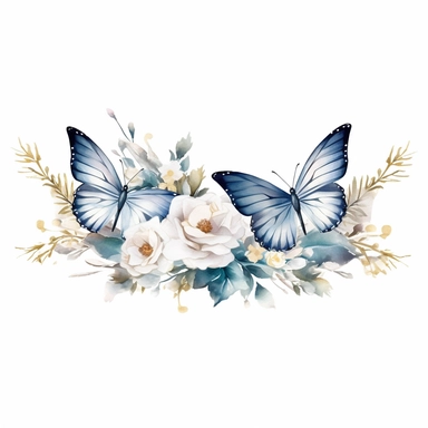 frosty white butterfly clipart with flower border, white background, watercolor, vector