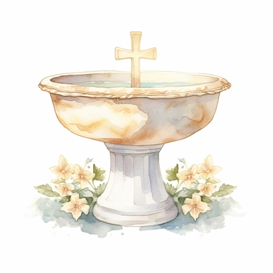 Graceful Baptism Watercolor Clipart - Baptismal Font: This artwork features a baptismal font depicted in pastel beige, symbolizing the water used during the baptism ceremony and the renewal it brings.