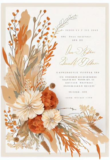 beautiful, intricate, sharp focus, light orange, tan, and brown fall colors, boho wedding invitation with white fluffy tail flowers,white wintergreen berries, dried grasses, dried leaves, dried flowers, show entire invitation, no border, clipart, on white background, flat lay, extreme detail, wedding invitation,