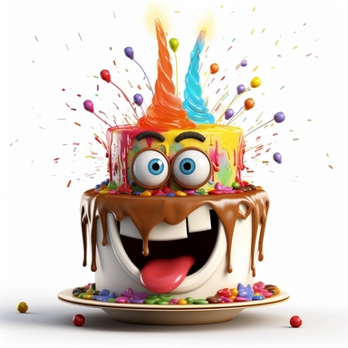 clipart of a messy two layer birthday cake, there is a funny face in the cake, candles, cartoon, for kids, funny, pixar, 8k, white background, sharp focus, detailed,