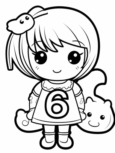 kawaii number 6  for a children coloring book whitout color, clip art illustration, bold outline, white background,