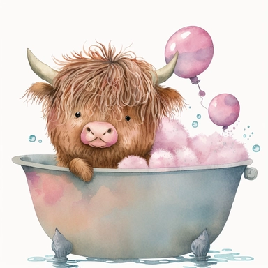 watercolor clipart cute brown baby highland cow with horns in bathtub pink balloons