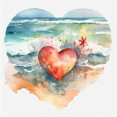 Beach Heart,Sunshine,Watercolor beach heart clipart, hd, on white background, spaced out ar 3:2-- s1000