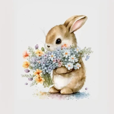 Watercolor Little bunny holding colorful flowers clipart, High Quality, white background