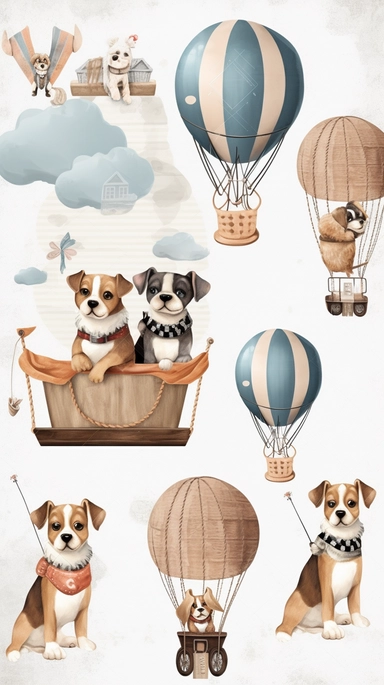 Wood dog Pilot Clipart, balloon with a basket , Aviator Clipart, cute sweet dogs Illustrations vintage