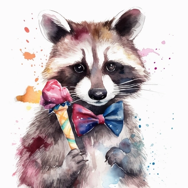 please create watercolor clipart of a raccoon smiling, wearing party BOW TIE AND EATING ICE CREAM, colorful, WHITE BACKGROUND