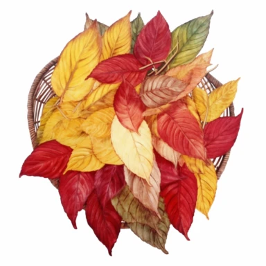Design a dreamy watercolor clipart of an Overflowing chinese basket of Assorted autumn leaves in shades of red, orange, and yellow arranged in a natural and organic style composition, hand-painted with soft and graceful brushstrokes. Draw inspiration from the artistic finesse of Ethereal Petals Watercolors for a refined and ethereal depiction. isolated on a white background, hand-drawn illustration, hand-painted watercolor texture, 16k UHD resolution, intricately detailed, sharp focal points, de