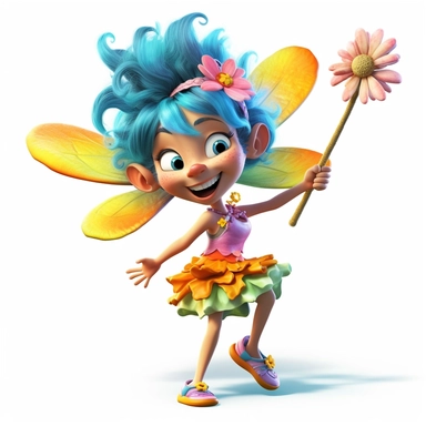 A 3D brightly colored cartoon character design of a tiny talking and laughing fairy with butterfly wings, wearing a flower dress, and a wand, with high detail, clipart, white background