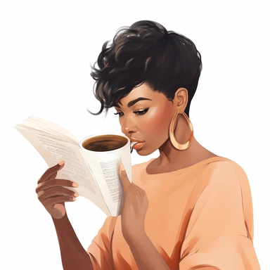 Gorgeous black woman clipart, studying the bible sipping a coffee, pixie cut hairstyle, peach blouse, dark brown skinned, melanin, white background