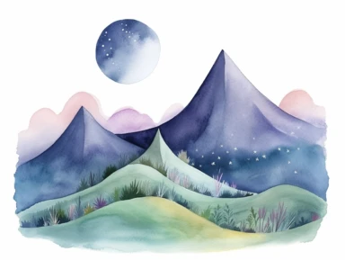 Simple mountain range with Whimsical rolling hills and mountains for a children's book, night scene, watercolor, clipart, white background,