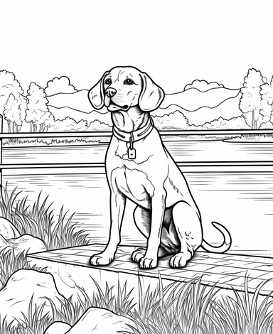 expert coloring page style of realistic of Beagle Dog breed Clipart, simple lake background, simple line art, line is crisp and clean, easy to color