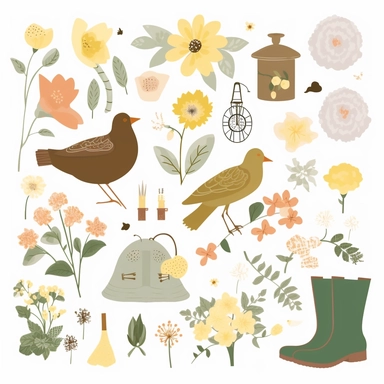 spring clipart pictures, illustrations, stamps, elements, in the style of muted colours, dotted, found objects, pigeoncore, cottagecore, animated gifs, paper cut-outs white space around objects, objects separated in the style of clip art
