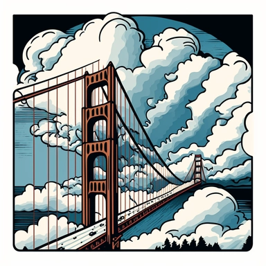 Golden Gate Bridge, San Francisco looking up, clouds in background, tattoo flash, clipart, in the style of Charlie Harper, detailed, thick line art, Vector, Illustrator, limited colors, pen and ink brush, 32k,