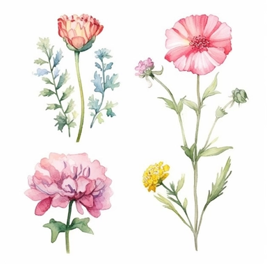 Create an elegant hand-drawn watercolor clip art image of a family gift niche embellished with birth flowers. Customize the image for a family of four: a January baby (Carnation), a April baby (Sweet Pea), an August baby (Poppy), and a November baby (Chry