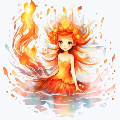 watercolor cute fire fairy, sparkling streams, flame around, detailed, hd, clipart