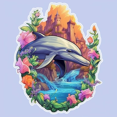 dolphin, close up, a sticker, artwork of t shirt graphic of majestic forest, in digital painting style , beautiful flowers, sunset mountains and clouds , big vines, stone temple covered in vines, white background, colorful fantasy flower sorround , highly detailed clean, vector image, photorealistic masterpiece, professional photography, realistic, flat white background, isometric, vibrant vector, clipart, illustration, realism, 4k, , cinematic, front view, white background, paradise, extremely 