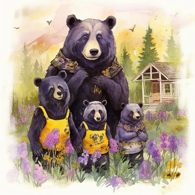 hand drawn family of black bears, wearing clothes in shades of yellow and purple, at a cabin in the woods, bumblebees, purple flowers and grass, very detailed, very realistic, watercolor, clipart style