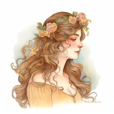 from shoulders up full head shot fantasy art nouveau style demure princess looking away and looking upwards with flowers cascading down her long flowing hair all the way to her shoulders in a classical early 20th century portrait painting style watercolor clipart no words no fonts no letters