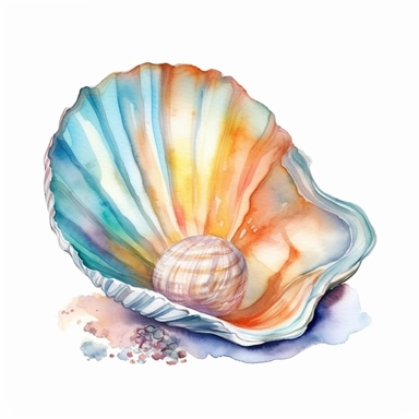 watercolor open clam with a large Pearl inside, sitting in these sand, shades of coral turquoise yellow and blue, glamorous, very detailed and realistic, white background with margins, clipart style
