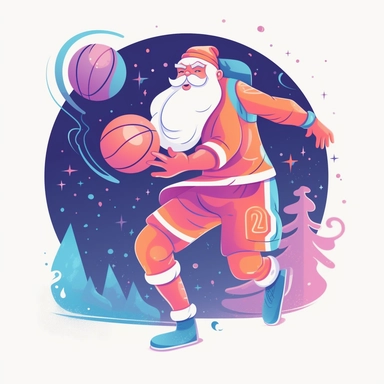 happy Santa Claus playing basketball, happy new year, children storybook illustration. 2d, vibrant luminous colors, flat style, ink Lines, clipart, white empty background, sharp, high resolution, blue pink orange warm