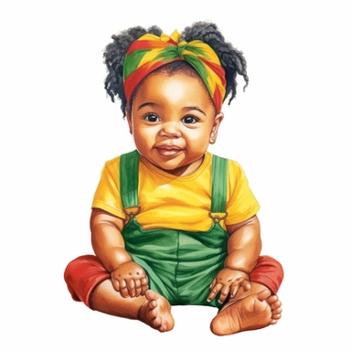 Cute Beautiful Red yellow green juneteenth Baby Girl Watercolor Clipart,Cartoon, hyper realistic, intricate detail, illustration style,high solution,on the white background