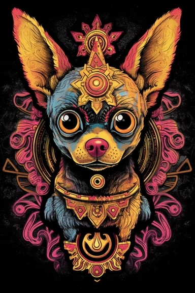 doodle drawing for bootleg shirt of gorgeous chihuahua, third eye, occult, esoteric, white background, clipart, layered composition, muted color palette