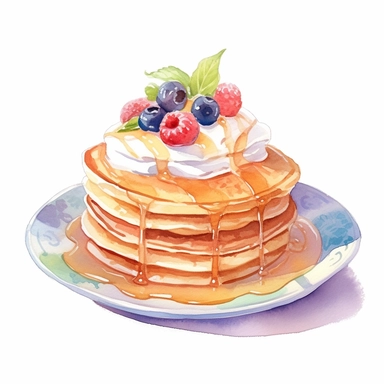 picturesque,bright luxury pancake on a cute pretty plate, 3-tier pancakes topped with Fresh cream and ice cream topping, icon clipart on white background, watercolor, detailing in pastel colors, high quality, painted by Beatrix Potter, 8k,