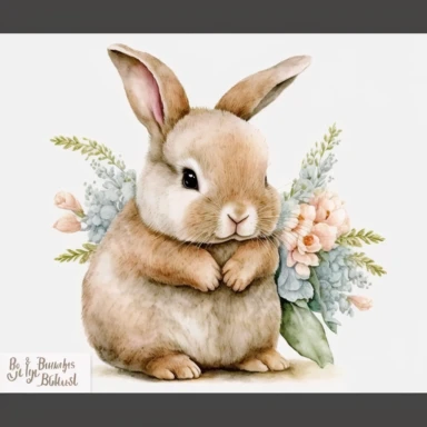 a charming soft loose style watercolor clipart for kid, image of a fluffy cute baby newborn bunny happy sitting, with a big smile on face, eyes are very very big and shining, his head is big and cute, fur is painted in gentle shades of brown and white, the bunny express the relaxed and joyful pose, very less detail, non-realistic