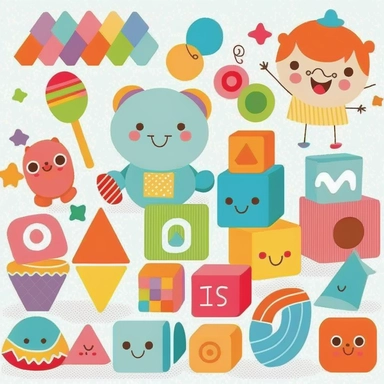 Create a collection of playful and colorful clipart images that capture the essence of a lively preschool environment. The clipart should feature various toys, games, and playful elements that are commonly found in preschool settings, such as building blocks, art supplies, and musical instruments. Each image should be brimming with joyful energy, reflecting the spirit of exploration and learning that is the hallmark of the preschool experience.