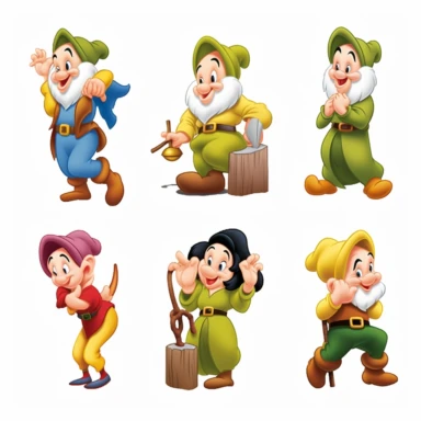 snow white and the seven dwarfs cartoon characters, in the style of highly stylized figures, pensive poses, the bechers' typologies, green and gold, uniformly staged images, energetic expressions, group f/64, disney snow white and seven dwarfs png, in the style of simplified compositions, light orange and dark green, expressive comic panels, disfigured forms, uniformly staged images, high resolution, realistic yet stylized, disney snow white characters clipart image, in the style of lively group