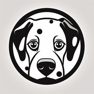 logo, 8K dalmatian, head, facing front, cute, circle frame, cartoon clipart, vector, bold line, white isolated background, high definition