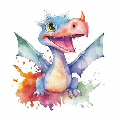watercolored clipart with pterodactyl, funny and friendly, goofy, silly and playful dinosaur, colored, white background