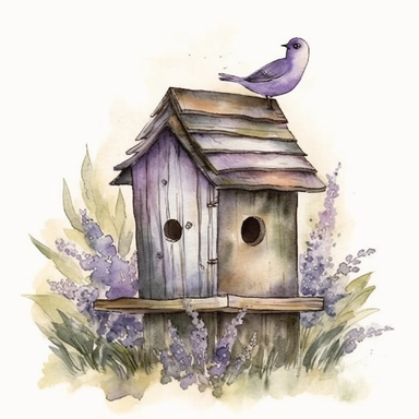 Clipart, lavenderaround wooden bird house, watercolor, whimsical, enchanting, nostalgic, minimalistic