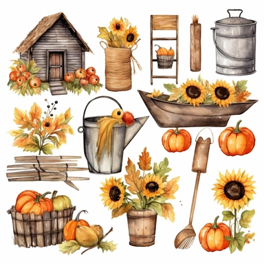 Set of autumn farm elements and products isolated on white background.Hand-drawn farmhouse collection. Watercolor collection of pumpkin,sunflower, rustic wheelbarrow, signpost,hay, basket,watering can. Clip art delicate colours