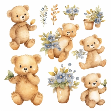 Watercolor bear clipart bundle, cute baby bear, garden and flowers illustrations, baby toys