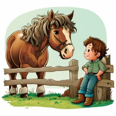 This prompt will generate high quality and BEAUTIFUL clipart of a brown Horse eating hey by barn 10 year old, brown haired, boy sitting on fence post, farm in background that you can use as designs fictional book Samson talking to Henry