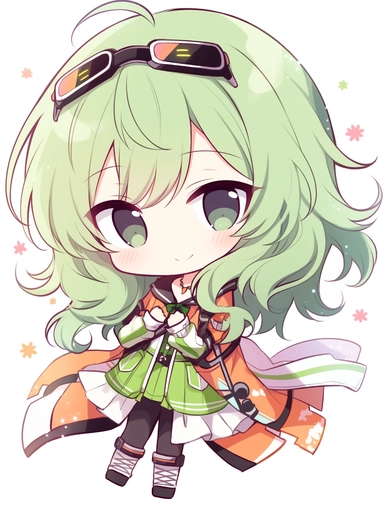cute anime chibi girl, beach style, green hair, upbeat attitude, clipart, no background