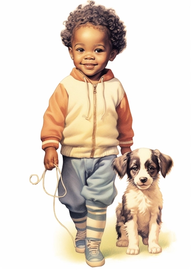a cute retro vintage African infant baby boy with a puppy. Color pencil sketch, soft baby colors, on a white background for clipart.