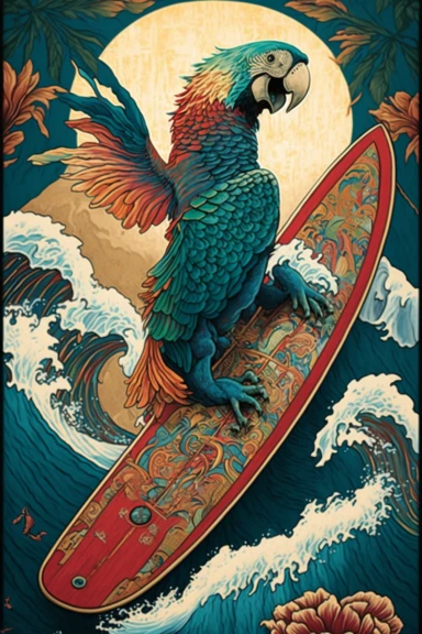 a painting of a standing cartoon macaw riding kanagawa wave on a longboard surfboard, behance contest winner, psychedelic art, paisley, beautiful waves in sea, james jean and clyde caldwell, clipart, hi - fructose art magazine, katherine lam, artgram, marc newsom, sovietwave,