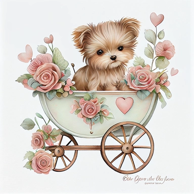 Cute Yorkshire Puppy valentine, heart wagon, blush tones, Lilla Rogers agency, watercolor, roses, cupid, fairytale, folkart, clipart, white background