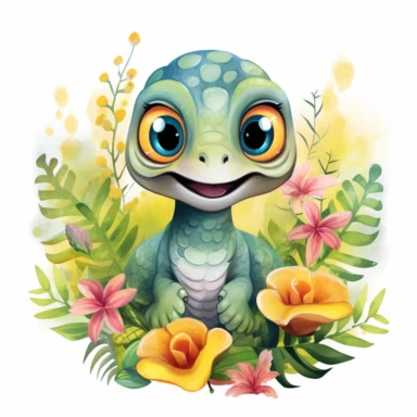 Watercolour into the jungle Clipart, cute big eyed cartoon snake in the jungle with flowers, isolate on white background