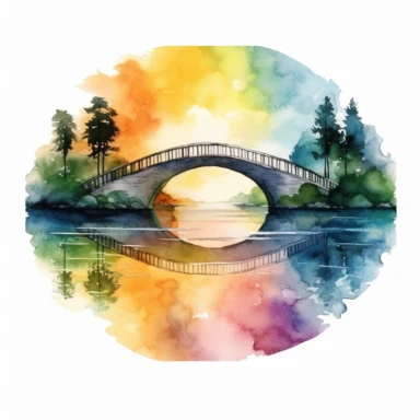 Lakeside Rainbow Bridge: A bridge overlooking a tranquil lake, with a reflection of a rainbow in the water ,Watercolor, pastels, clipart, beautiful, colourfull, png transparent white background, high resolution no caption