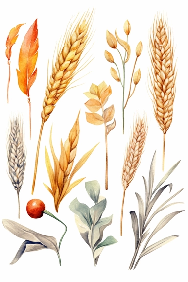 watercolor different grasses and cereal plants, solid background, clipart