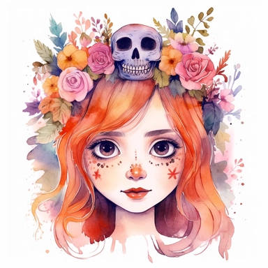 cute girl floral clipart watercolor with skull space eyes