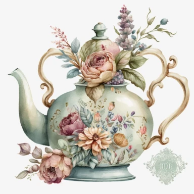 vintage old school pastel teapot, watercolour clipart, floral designs