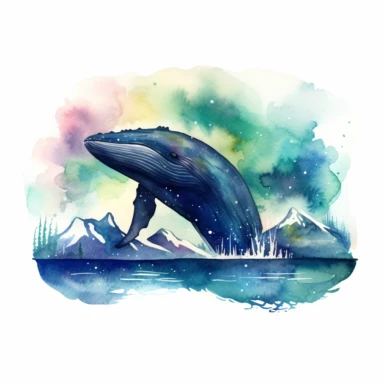 humpback whale in the northern lights landscape, watercolor clipart, 32k